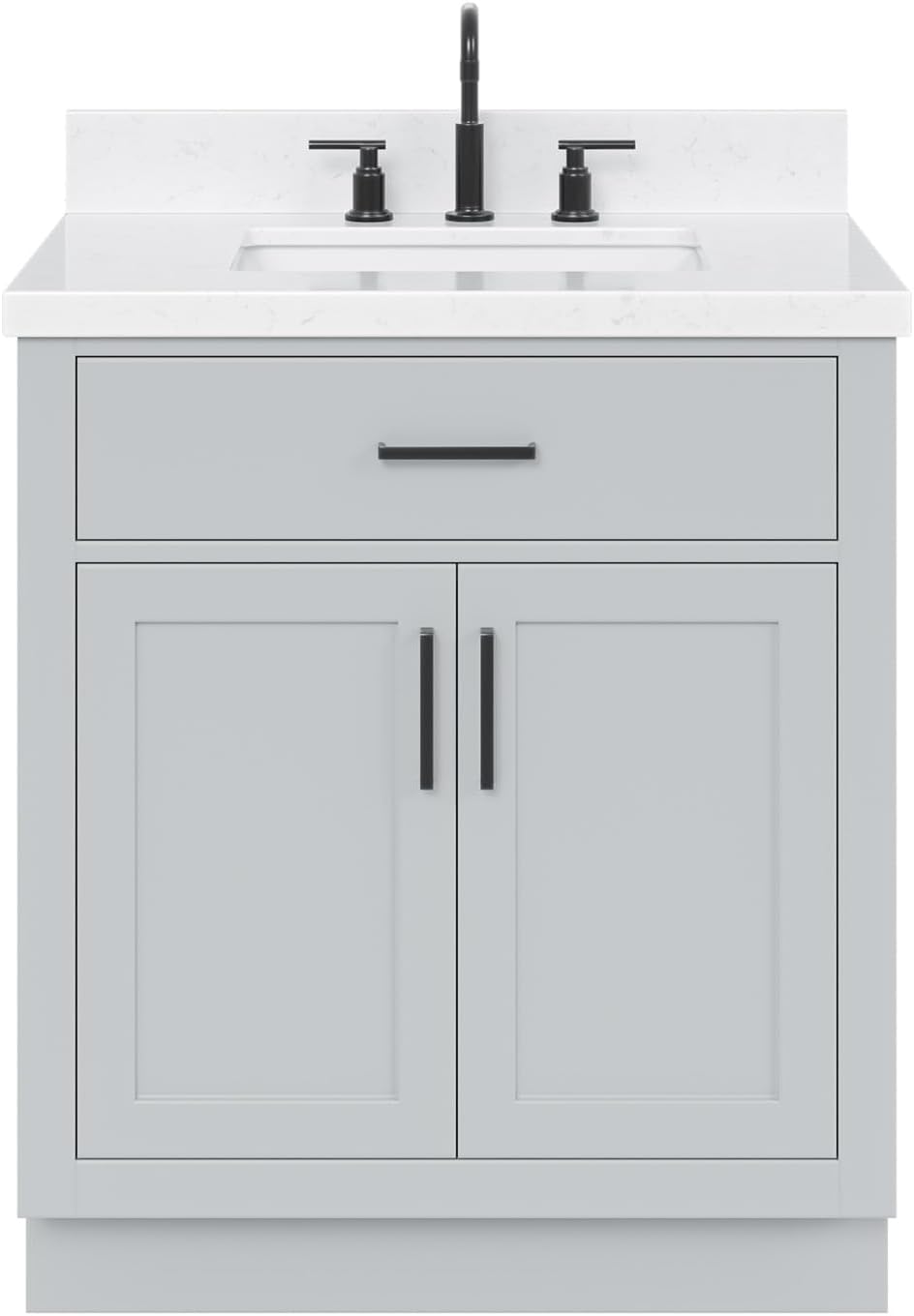 ARIEL Hepburn 30-inch Bathroom Vanity with Sink,Solid Wood, 1.5-inch Carrara White Quartz Countertop & Backsplash, Single Rectangular Porcelain Sink, 2 Soft Closing Doors, 1 Dovetail Drawers, Grey