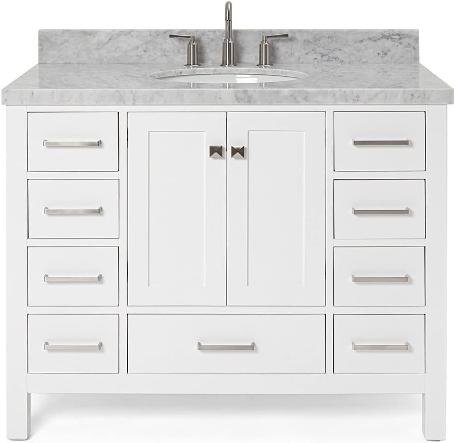ARIEL Cambridge 42-inch Bathroom Vanity with Sink,Solid Wood, 1.5-inch Italian Carrara Marble Countertop & Backsplash, Single Oval Porcelain Sink, 2 Soft Closing Doors, 9 Dovetail Drawers, White