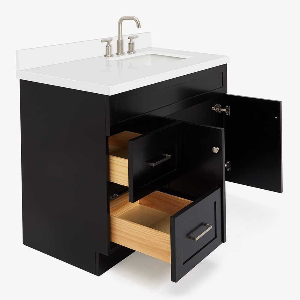 DKB Bradford 42' Black Single Bathroom Vanity with Sink, 1.5' Pure White Quartz Countertop, Rectangular Undermount Sink, Solid Wood Frame, 2 Soft-Closing Doors, 2 Dovetail Drawers