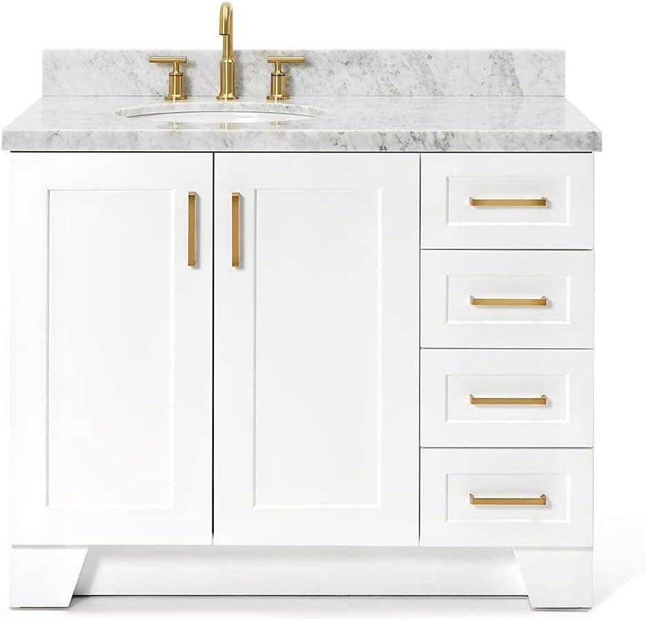 ARIEL Taylor 42-inch Bathroom Vanity with Sink,Solid Wood, 1.5-inch Italian Carrara Marble Countertop & Backsplash, Single Oval Porcelain Sink, 2 Soft Closing Doors, 5 Dovetail Drawers, White