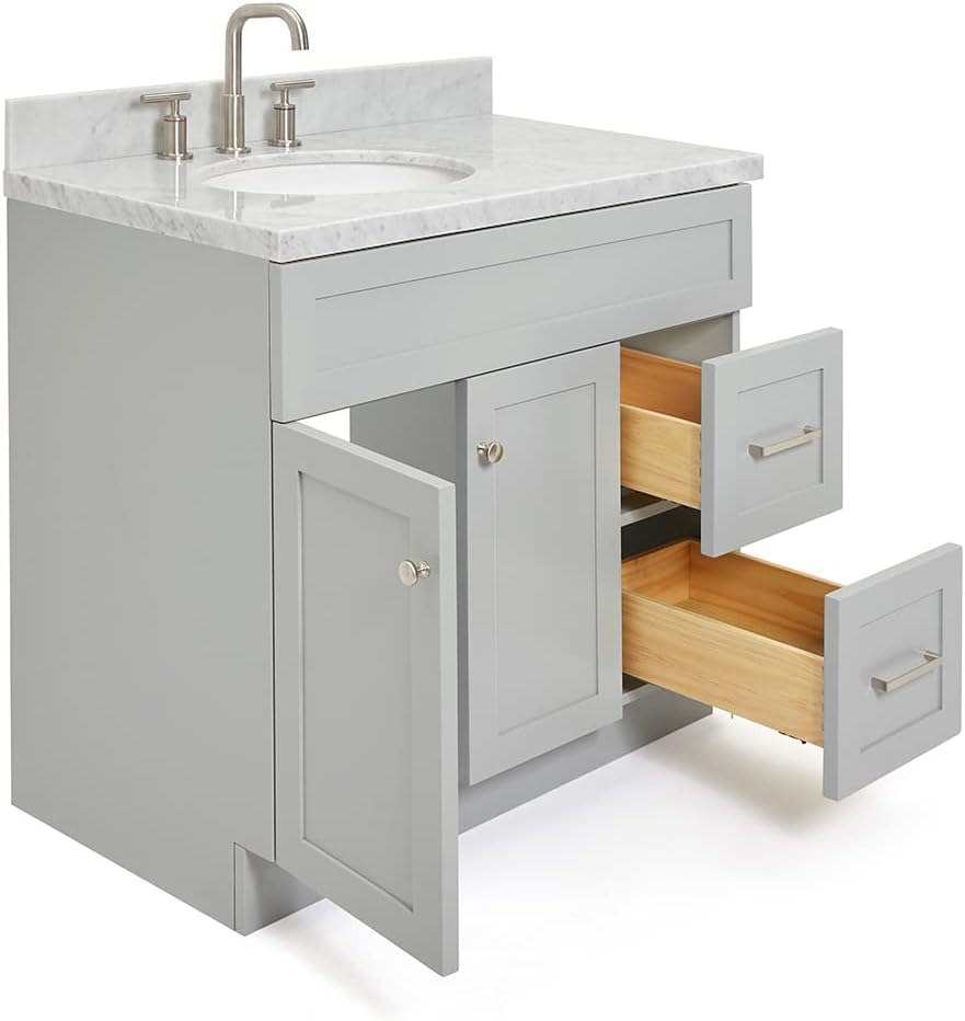 DKB Bradford 36-Inch Grey Bathroom Vanity with 1.5-Inch Edge Italian Carrara Marble Countertop & Backsplash, Left Oval Sink, 2 Soft-Closing Doors, 2 Dovetail Drawers, Brushed Nickel Hardware