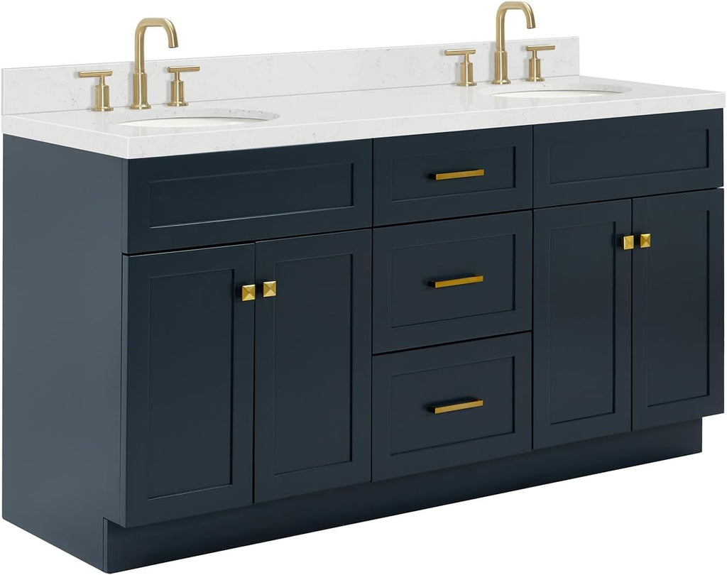 ARIEL Hamlet 66-inch Bathroom Vanity with Sink,Solid Wood, 1.5-inch Carrara White Quartz Countertop & Backsplash, Double Oval Porcelain Sink, 4 Soft Closing Doors, 3 Dovetail Drawers, Midnight Blue