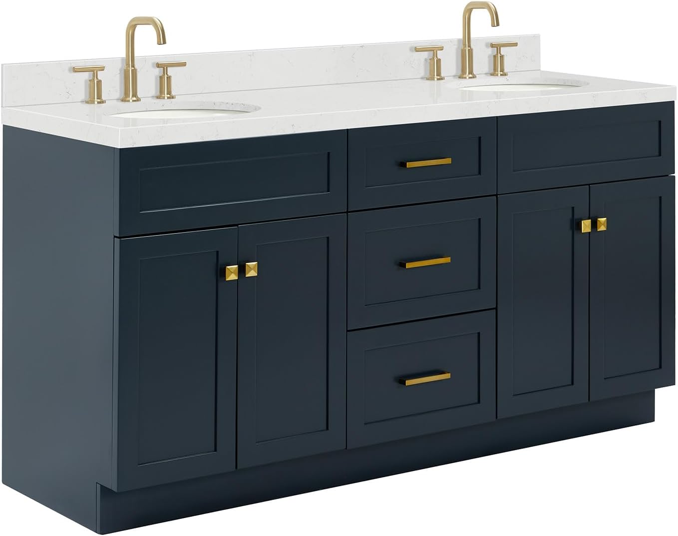 ARIEL Hamlet 66-inch Bathroom Vanity with Sink,Solid Wood, 1.5-inch Carrara White Quartz Countertop & Backsplash, Double Oval Porcelain Sink, 4 Soft Closing Doors, 3 Dovetail Drawers, Midnight Blue