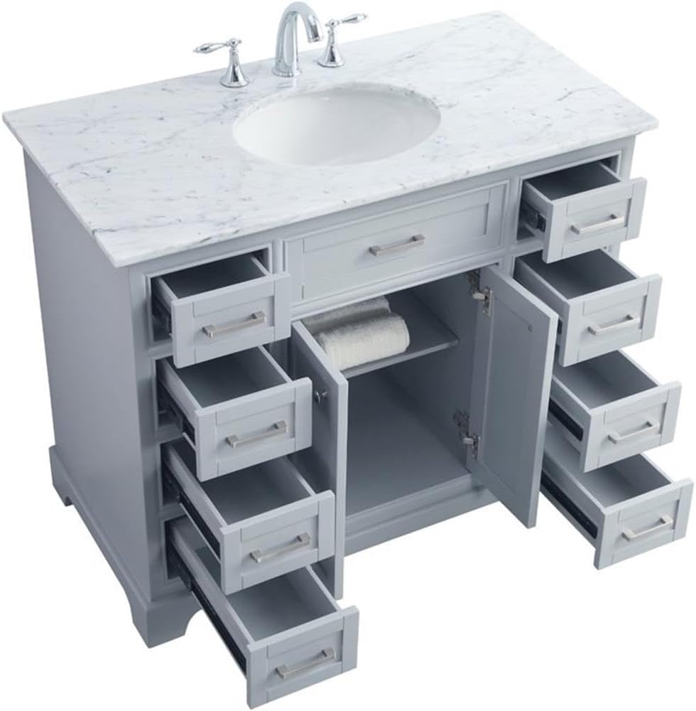 Pemberly Row 42' Single Bathroom Vanity, Solid Wood Base, Light Gray Finish, Carrara Marble Top, Undermount Porcelain Sink, 8 Drawers, 2 Door Cabinet, Free-Standing Design, Contemporary Style for