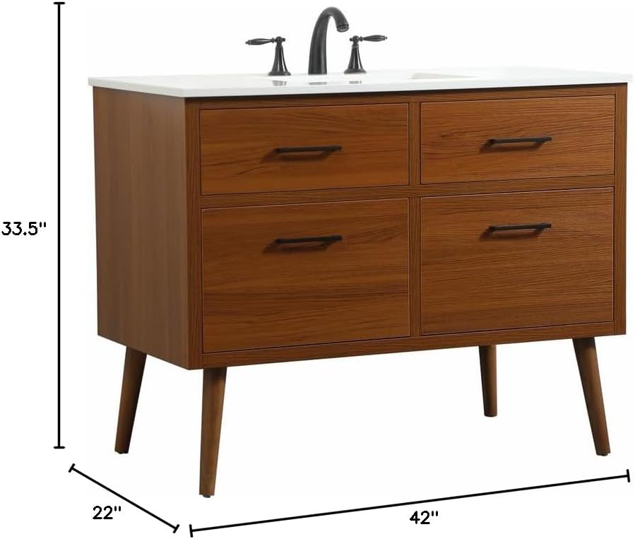 42' Pre-Assembled Bathroom Vanity with Sink, Engineered Wood, Ivory White Engineered Marble Countertop Attached, Single Rectangle Porcelain Sink, 2 Soft-Close Drawers, Teak