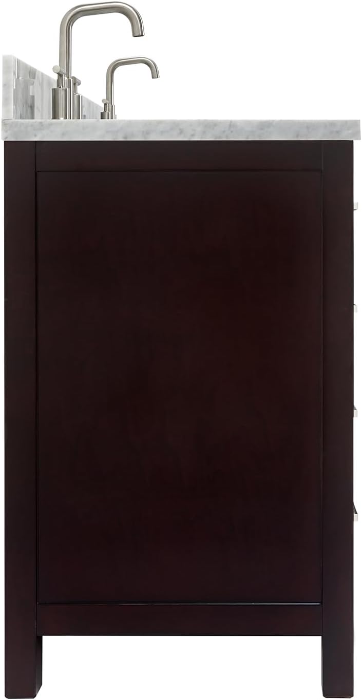 ARIEL Cambridge 66-inch Bathroom Vanity with Sink,Solid Wood, 1.5-inch Italian Carrara Marble Countertop & Backsplash, Double Oval Porcelain Sink, 4 Soft Closing Doors, 6 Dovetail Drawers, Espresso