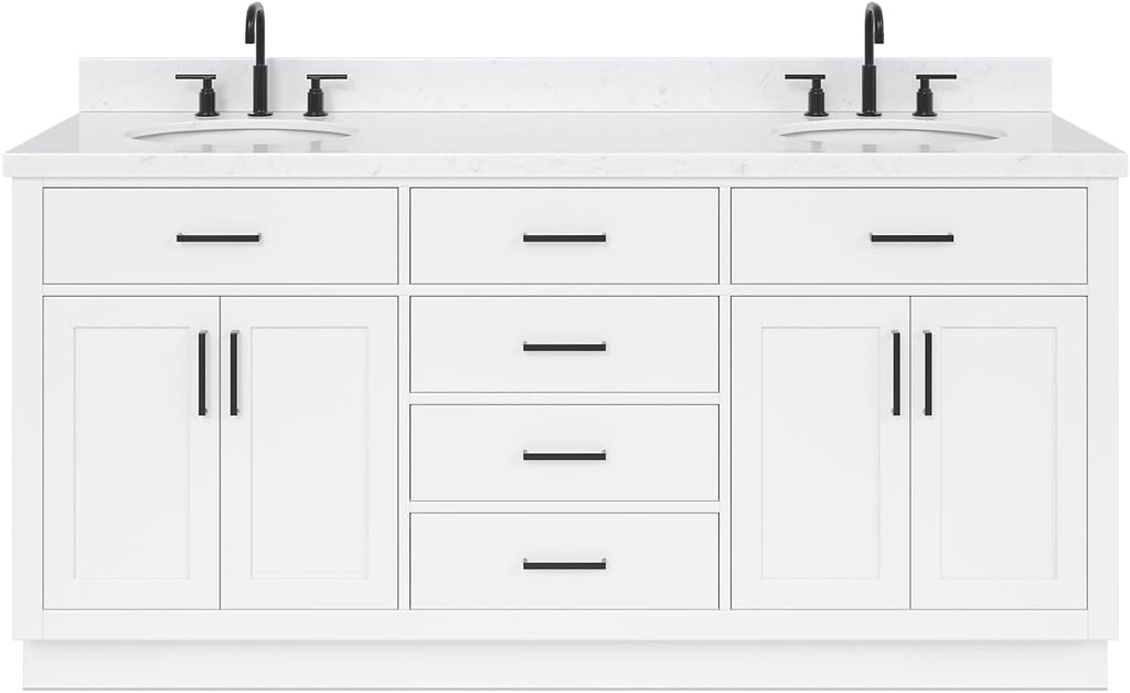 ARIEL Hepburn 72-inch Bathroom Vanity with Sink,Solid Wood, 1.5-inch Carrara White Quartz Countertop & Backsplash, Double Oval Porcelain Sink, 4 Soft Closing Doors, 6 Dovetail Drawers, White