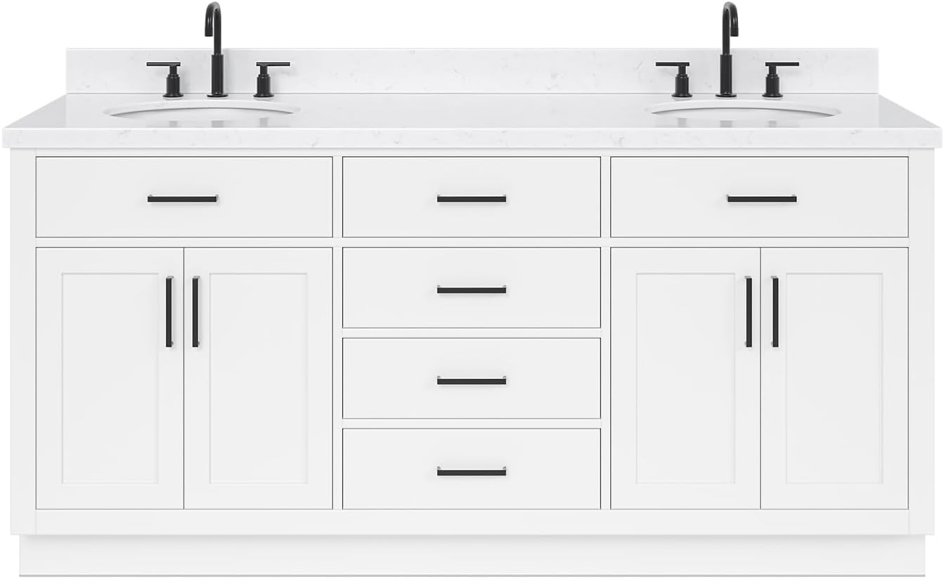 ARIEL Hepburn 72-inch Bathroom Vanity with Sink,Solid Wood, 1.5-inch Carrara White Quartz Countertop & Backsplash, Double Oval Porcelain Sink, 4 Soft Closing Doors, 6 Dovetail Drawers, White