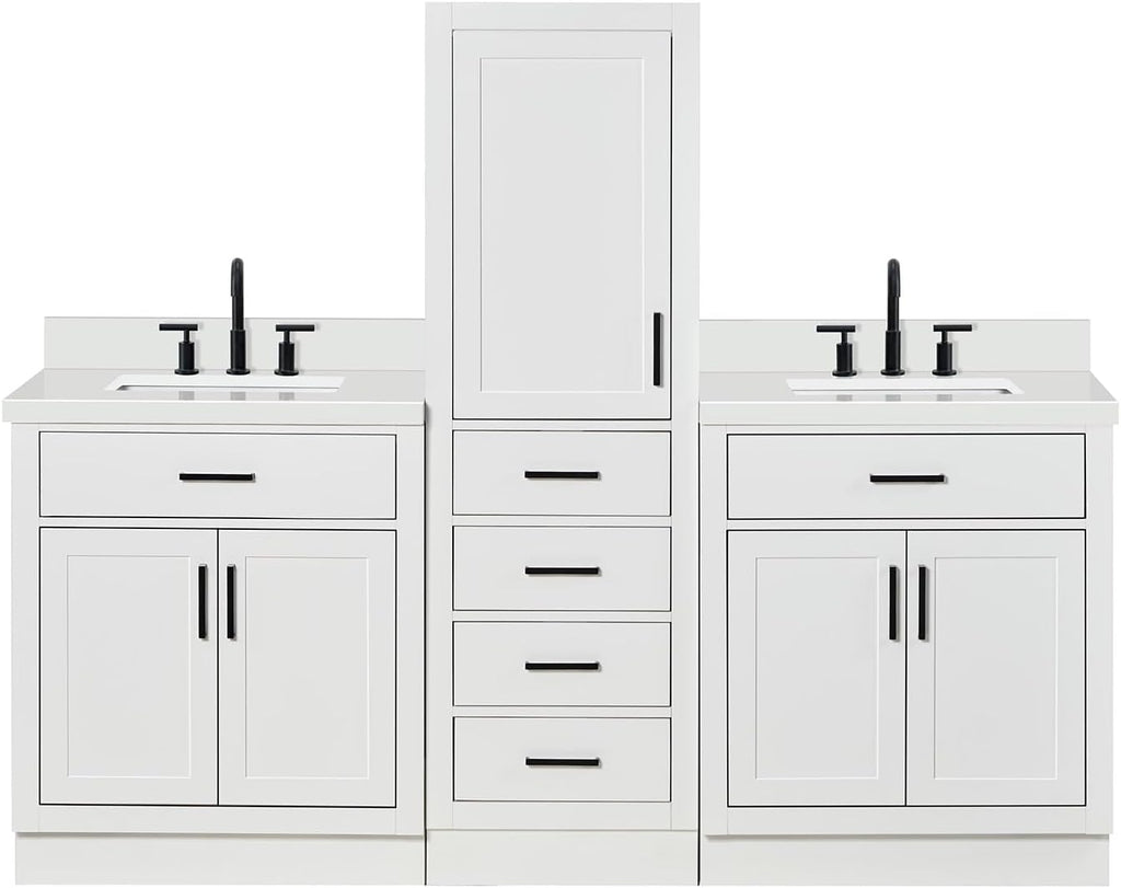 ARIEL Hepburn 82 Inch Includes 20 Inch Linen Cabinet and 2 of 31 Inch Single Rectangle Sink Bathroom Vanity with Pure White Quartz Countertop 1.5 Inch in White