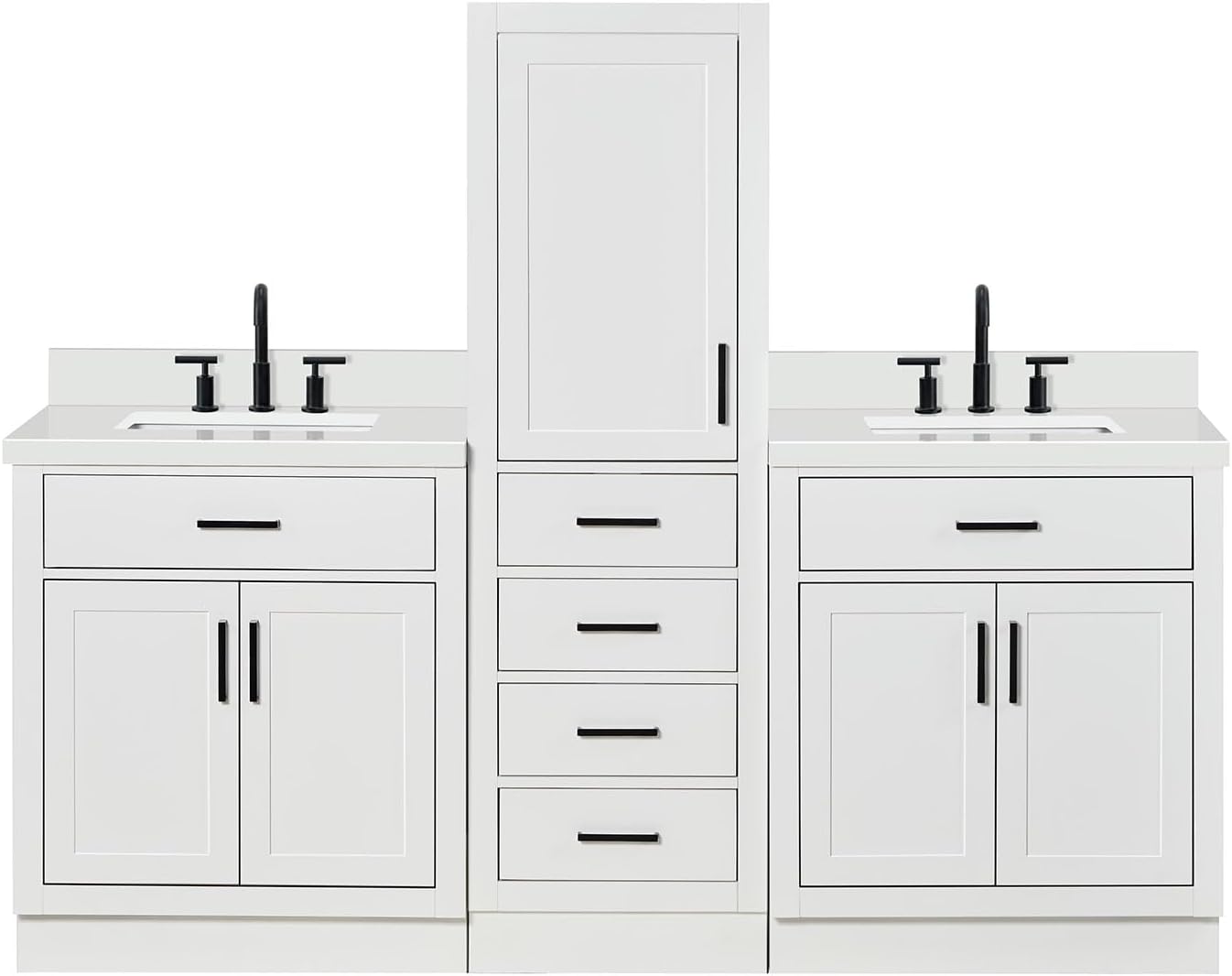 ARIEL Hepburn 82 Inch Includes 20 Inch Linen Cabinet and 2 of 31 Inch Single Rectangle Sink Bathroom Vanity with Pure White Quartz Countertop 1.5 Inch in White