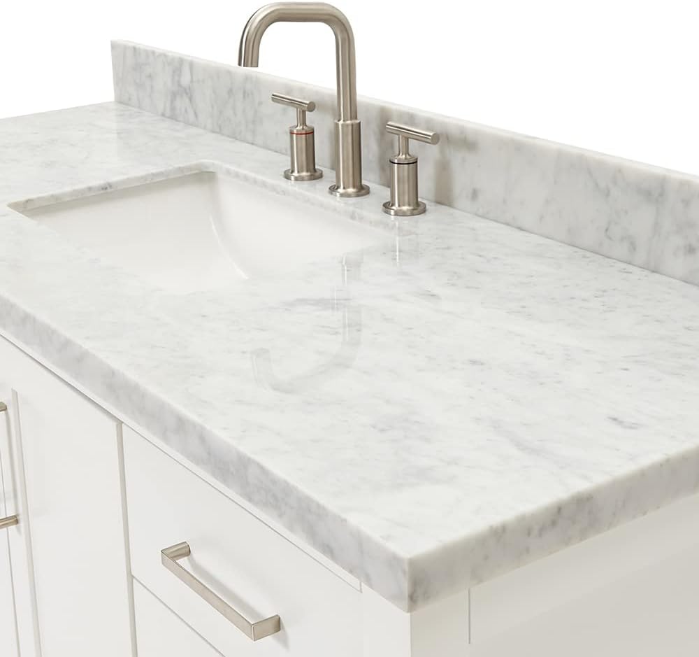ARIEL Magnolia 54-inch Bathroom Vanity with Sink,Solid Wood, 1.5-inch Italian Carrara Marble Countertop, Single Rectangular Porcelain Sink, Soft Closing Doors, Dovetail Drawers, White