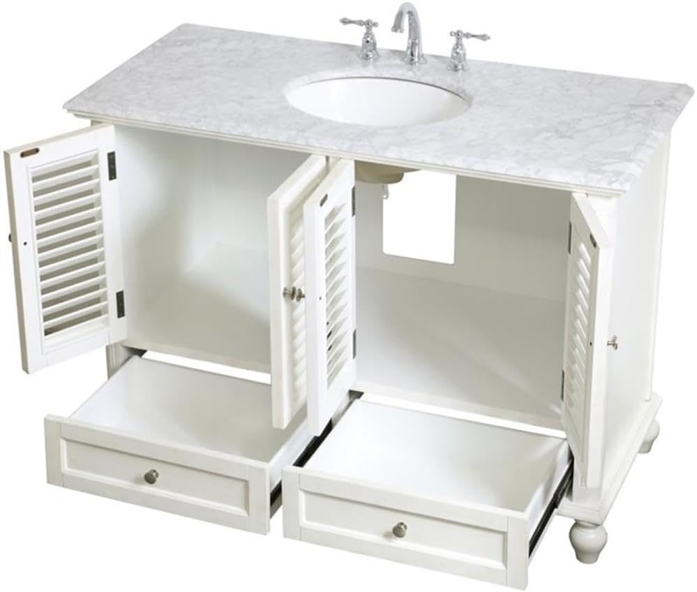 Pemberly Row 48' Bathroom Vanity, Antique White Finish, Solid Wood Base with Carrara Marble Top, Porcelain Undermount Sink, 4 Cabinet Doors and 2 Soft-Close Drawers, Free-Standing for Bathroom Use