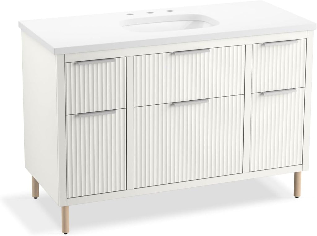 Kohler Spacity 48 Inch Wall-Hung Bathroom Vanity Cabinet with White Sink and Quartz Top, Modern Bathroom Storage, White, K-32172-ASB-0