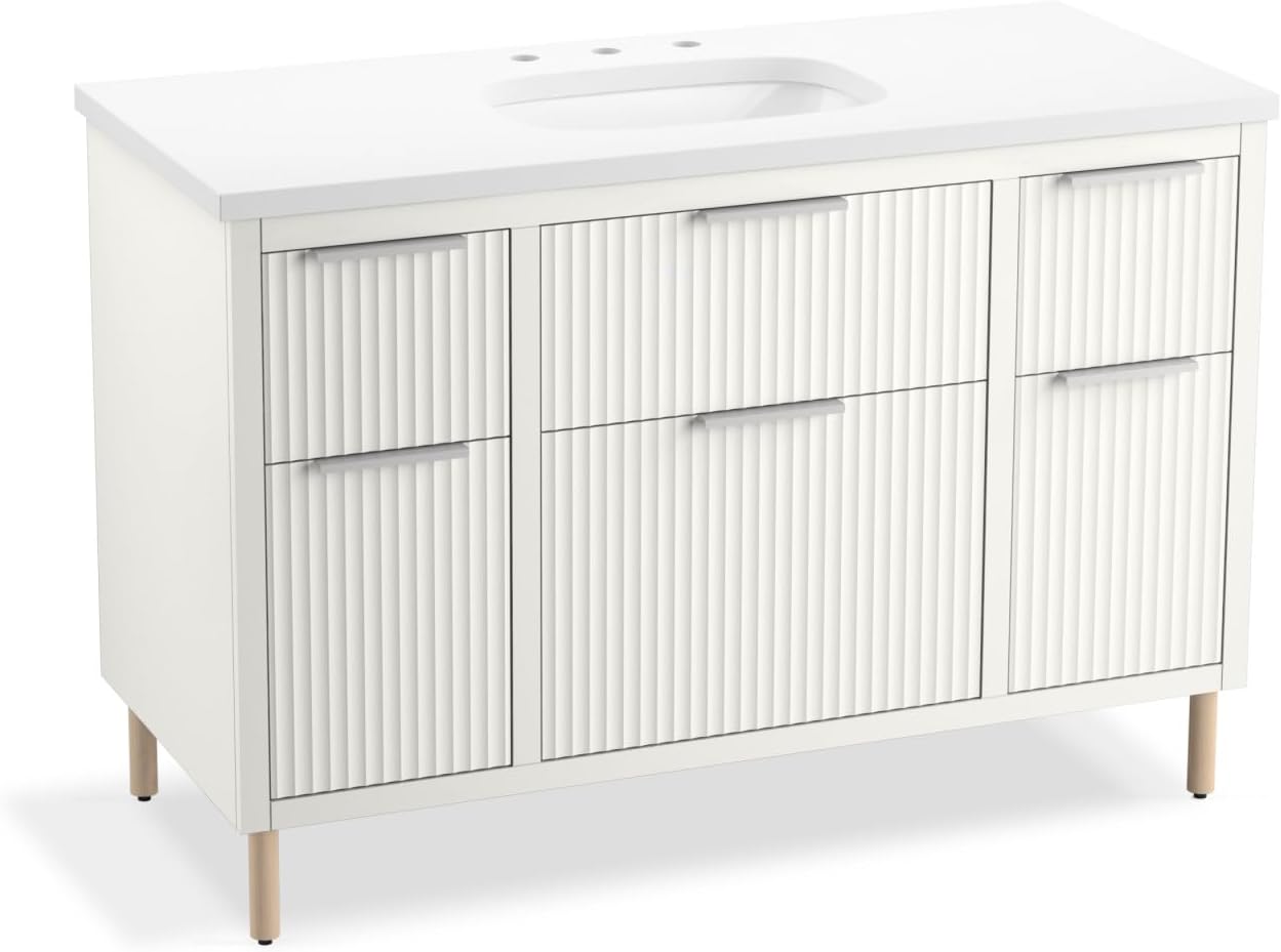 Kohler Spacity 48 Inch Wall-Hung Bathroom Vanity Cabinet with White Sink and Quartz Top, Modern Bathroom Storage, White, K-32172-ASB-0