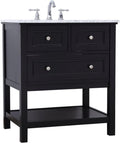 Pemberly Row 30' Single Bathroom Vanity, Marble Top, Black Finish, Solid Poplar Wood Base, White Porcelain Undermount Sink, Soft Close Drawer, Open Shelf, Contemporary Design for Modern Bathrooms