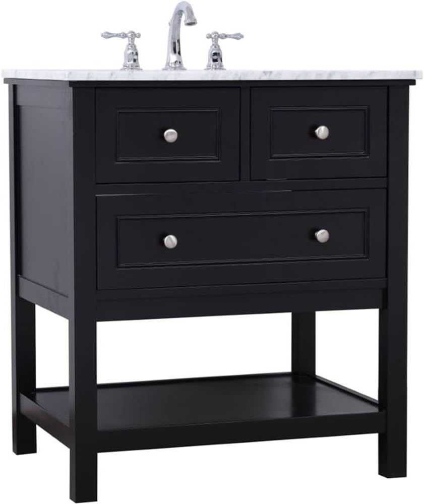 Pemberly Row 30' Single Bathroom Vanity, Marble Top, Black Finish, Solid Poplar Wood Base, White Porcelain Undermount Sink, Soft Close Drawer, Open Shelf, Contemporary Design for Modern Bathrooms