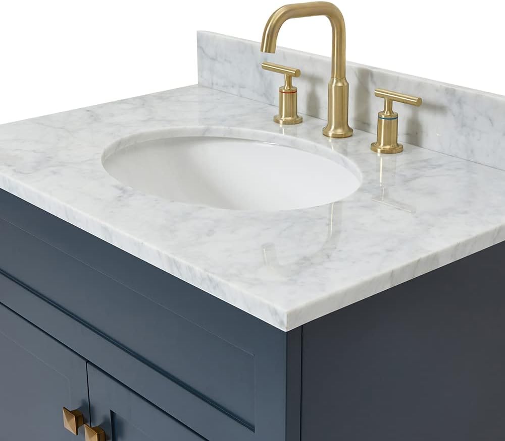 ARIEL Hamlet 30-inch Bathroom Vanity with Sink,Solid Wood, 0.75-inch Italian Carrara Marble Countertop & Backsplash, Single Oval Porcelain Sink, 2 Soft Closing Doors, Midnight Blue
