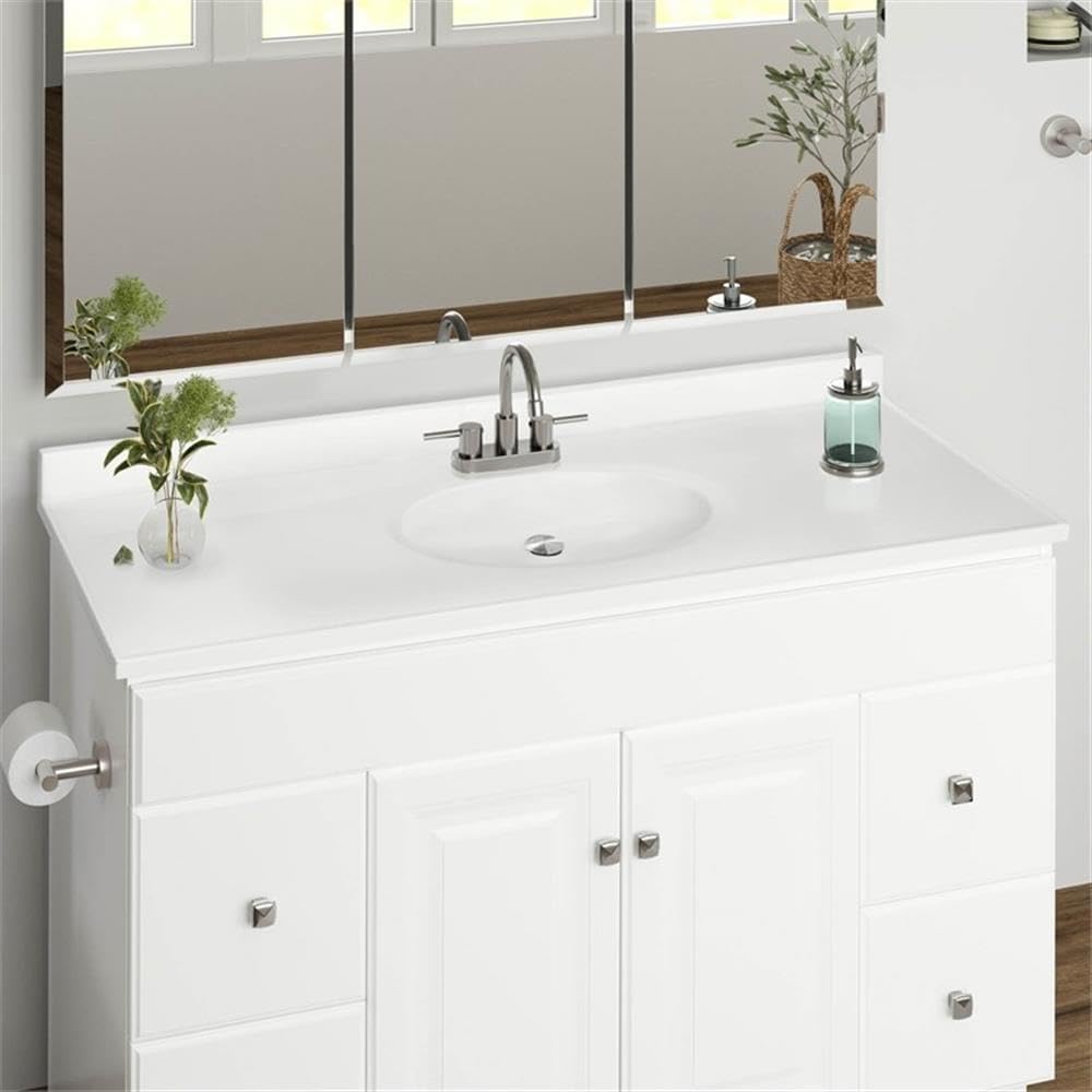 BOWERY HILL Cultured Marble Single Bowl Vanity Top, 49x19, Solid White Finish, Oval Sink, Pre-Drilled 4' Faucet Holes, Integrated Backsplash, Modern Bathroom Countertop