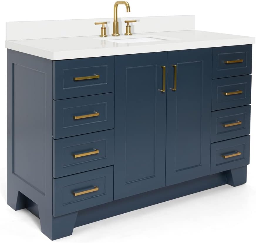 ARIEL Taylor 54-inch Bathroom Vanity with Sink,Solid Wood, 1.5-inch Pure White Quartz Countertop, Single Rectangular Porcelain Sink, 2 Soft Closing Doors, 9 Dovetail Drawers, Midnight Blue