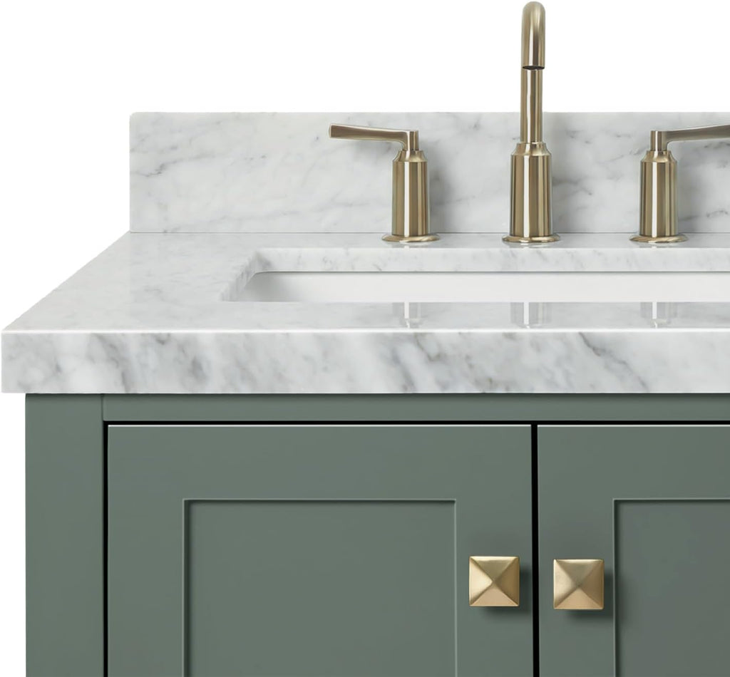 DKB Beckford 72-inch Vintage Green Bathroom Vanity with Left & Right Rectangle Double Sinks, Italian Carrara Marble Countertop & Backsplash, Solid Wood Frame, Soft-Closing & Dovetail Drawers