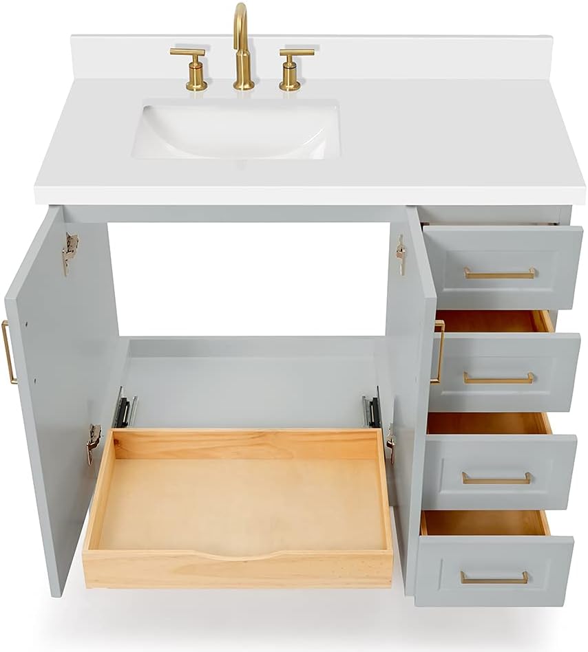 ARIEL Taylor 42-inch Bathroom Vanity with Sink,Solid Wood, 1.5-inch Pure White Quartz Countertop & Backsplash, Single Rectangular Porcelain Sink, 2 Soft Closing Doors, 5 Dovetail Drawers, Grey