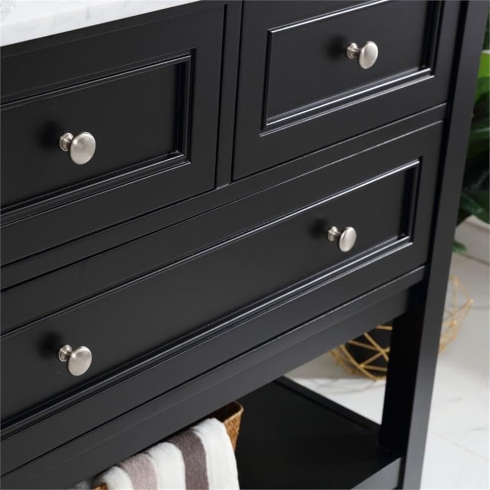 Pemberly Row Contemporary 36' Bathroom Vanity, Solid Poplar Wood Base, Carrara White Marble Top, Hand-Painted Black Finish, Porcelain Undermount Sink, Soft-Close Drawer, Storage Shelf, Free-Standing