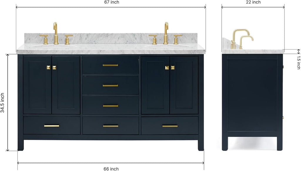 ARIEL Cambridge 66-inch Bathroom Vanity with Sink,Solid Wood, 1.5-inch Italian Carrara Marble Countertop, Double Oval Porcelain Sink, 4 Soft Closing Doors, 6 Dovetail Drawers, Midnight Blue