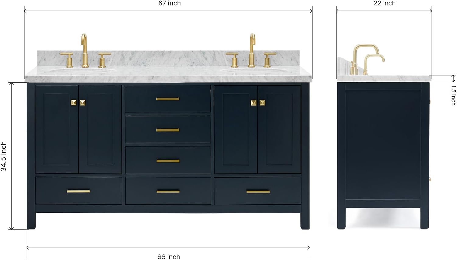 ARIEL Cambridge 66-inch Bathroom Vanity with Sink,Solid Wood, 1.5-inch Italian Carrara Marble Countertop, Double Oval Porcelain Sink, 4 Soft Closing Doors, 6 Dovetail Drawers, Midnight Blue
