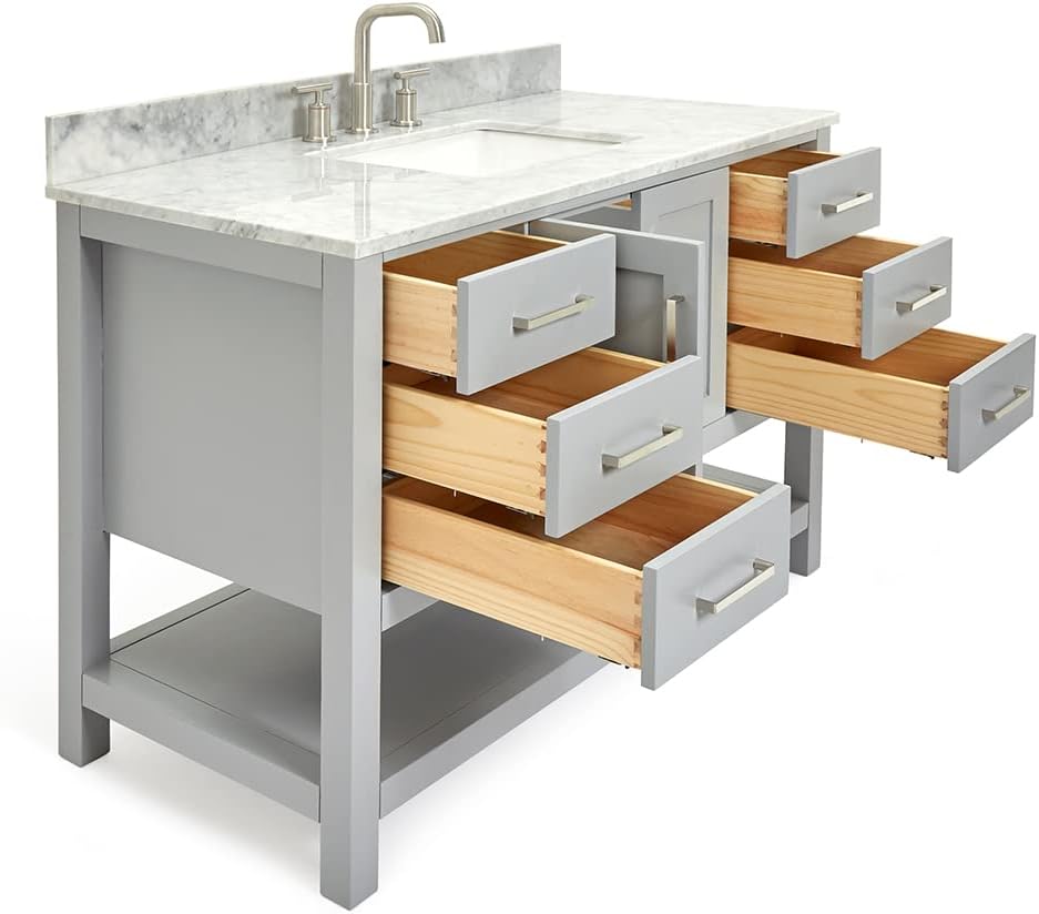 ARIEL Magnolia 48-inch Bathroom Vanity with Sink,Solid Wood, 0.75-inch Italian Carrara Marble Countertop, Single Rectangular Porcelain Sink, 2 Soft Closing Doors, 6 Dovetail Drawers, Grey