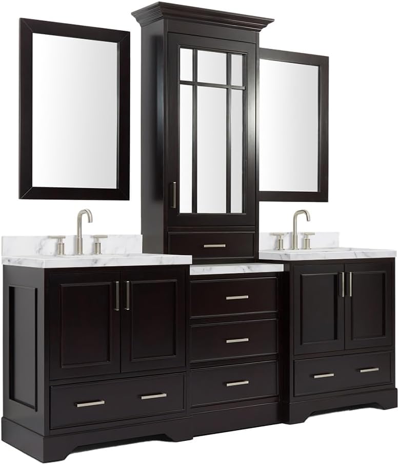ARIEL Stafford 84-inch Bathroom Vanity with Sink,Solid Wood, 1.5-inch Italian Carrara Marble Countertop, Double Rectangular Porcelain Sink, 5 Soft Closing Doors, 6 Dovetail Drawers, Espresso