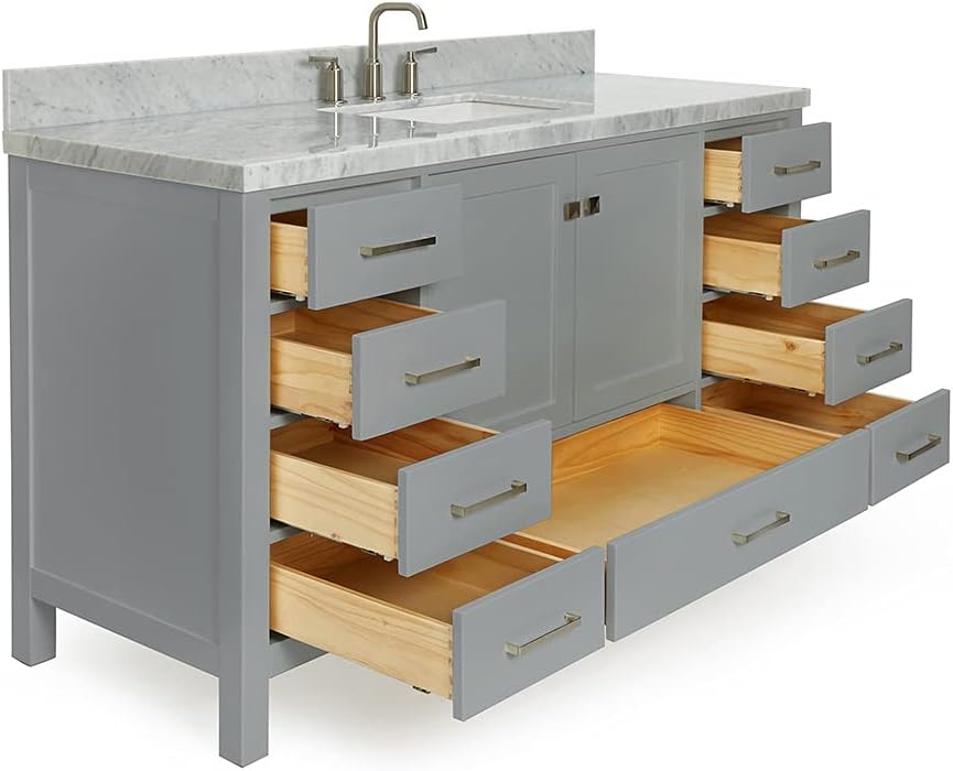 ARIEL Cambridge 60-inch Bathroom Vanity with Sink,Solid Wood, 1.5-inch Italian Carrara Marble Countertop, Single Rectangular Porcelain Sink, 2 Soft Closing Doors, 9 Dovetail Drawers, Grey