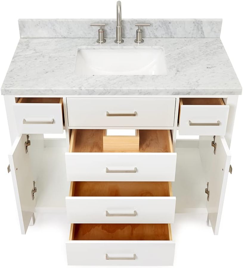 ARIEL 48' White Bathroom Vanity with Sink, 1.5' Edge Italian Carrara Marble Countertop, Rectangular Undermount Sink, 2 Soft Closing Doors, 5 Dovetail Drawers