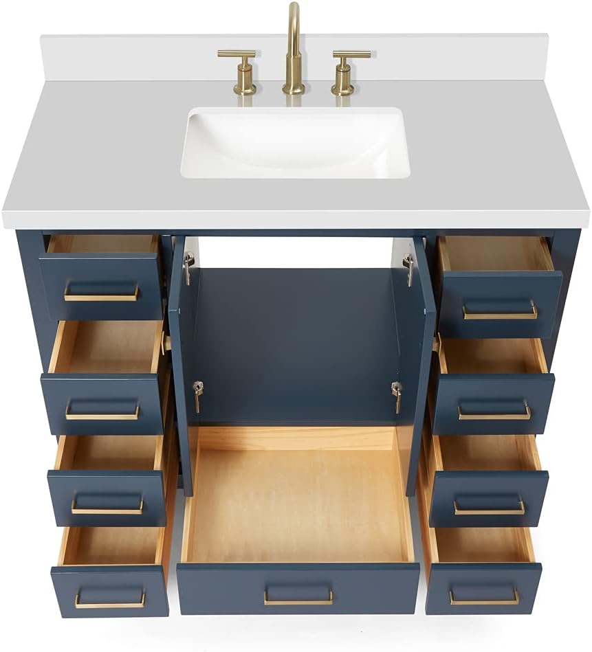 ARIEL Cambridge 42-inch Bathroom Vanity with Sink,Solid Wood, 1.5-inch Pure White Quartz Countertop, Single Rectangular Porcelain Sink, 2 Soft Closing Doors, 9 Dovetail Drawers, Midnight Blue