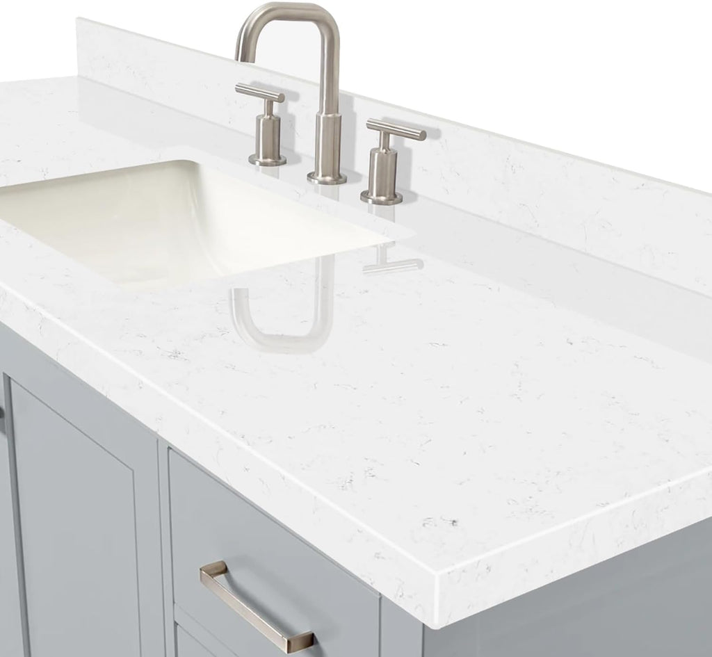 ARIEL Cambridge 60-inch Bathroom Vanity with Sink,Solid Wood, 1.5-inch Carrara White Quartz Countertop, Single Rectangular Porcelain Sink, 2 Soft Closing Doors, 9 Dovetail Drawers, Grey