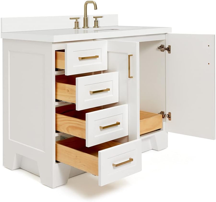 ARIEL Taylor 42-inch Bathroom Vanity with Sink,Solid Wood, 1.5-inch Pure White Quartz Countertop, Single Rectangular Porcelain Sink, Soft Closing Doors, Dovetail Drawers, White