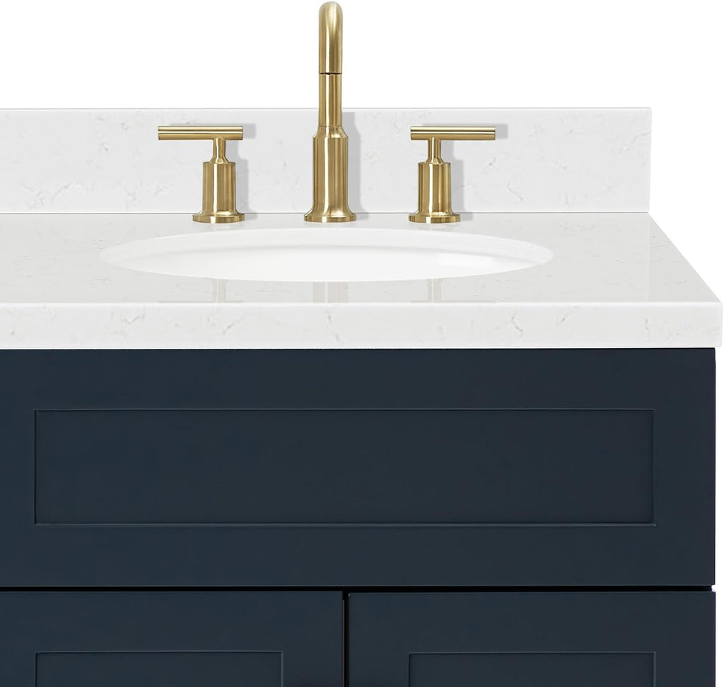 ARIEL Hamlet 66-inch Bathroom Vanity with Sink,Solid Wood, 1.5-inch Carrara White Quartz Countertop & Backsplash, Double Oval Porcelain Sink, 4 Soft Closing Doors, 3 Dovetail Drawers, Midnight Blue