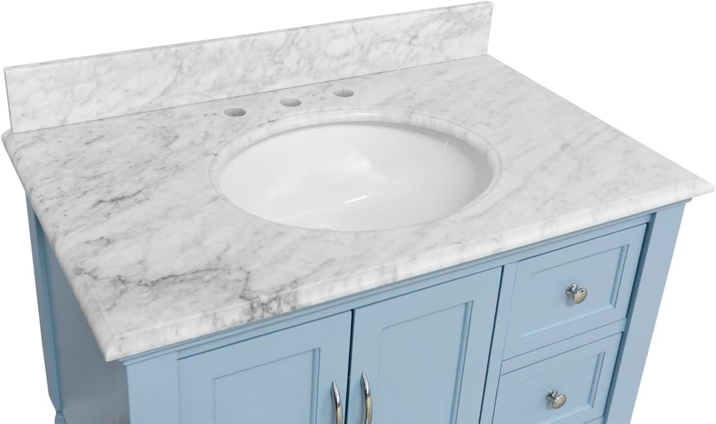 Kitchen Bath Collection Beverly 36-inch Bathroom Vanity (Carrara/Powder Blue): Includes Powder Blue Cabinet with Authentic Italian Carrara Marble Countertop and White Ceramic Sink