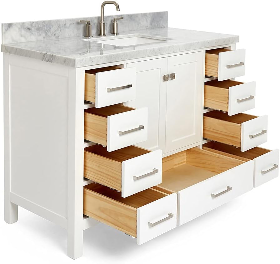 ARIEL Cambridge 48-inch Bathroom Vanity with Sink,Solid Wood, 1.5-inch Italian Carrara Marble Countertop, Single Rectangular Porcelain Sink, 2 Soft Closing Doors, 9 Dovetail Drawers, White