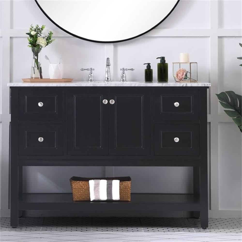 Pemberly Row Contemporary 48' Freestanding Bathroom Vanity, Solid Poplar Wood, Black Finish, Italian White Marble Top with Undermount Porcelain Sink, Soft-Close Drawers, Spacious Storage for Bathroom
