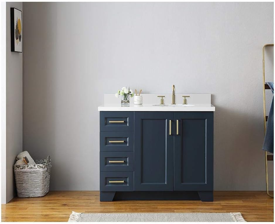 ARIEL Taylor 42-inch Bathroom Vanity with Sink,Solid Wood, 1.5-inch Pure White Quartz Countertop & Backsplash, Single Rectangular Sink, 2 Soft Closing Doors, 5 Dovetail Drawers, Midnight Blue