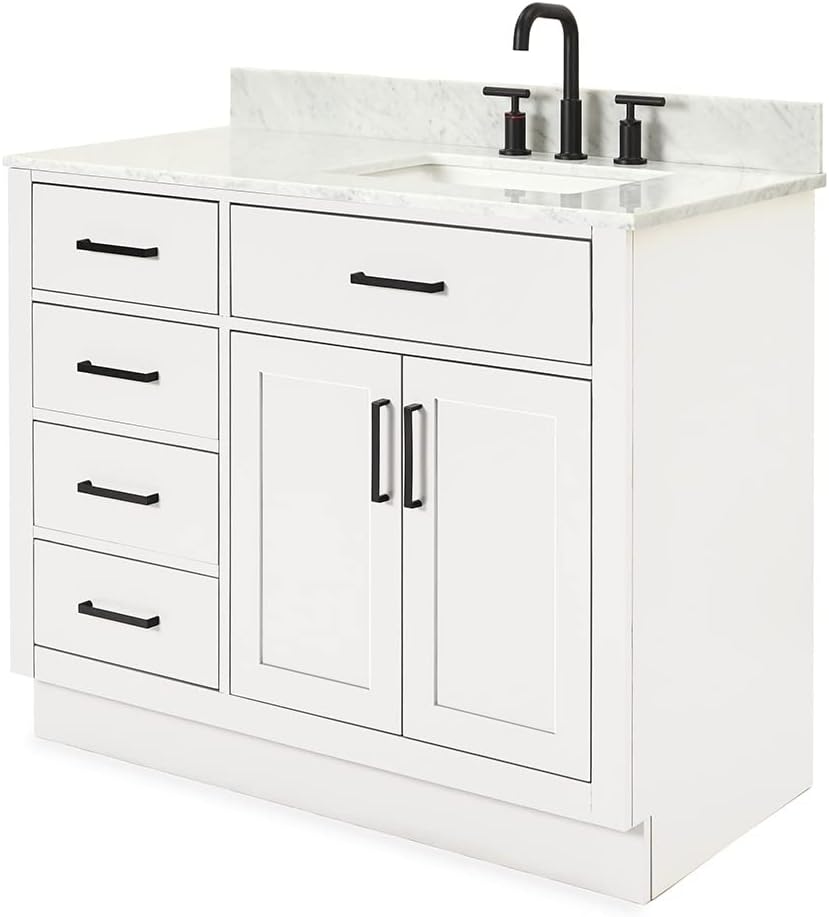ARIEL Hepburn 43' Inch Right Offset Rectangle Sink Vanity with 0.75 Inch Edge Carrara White Countertop in White