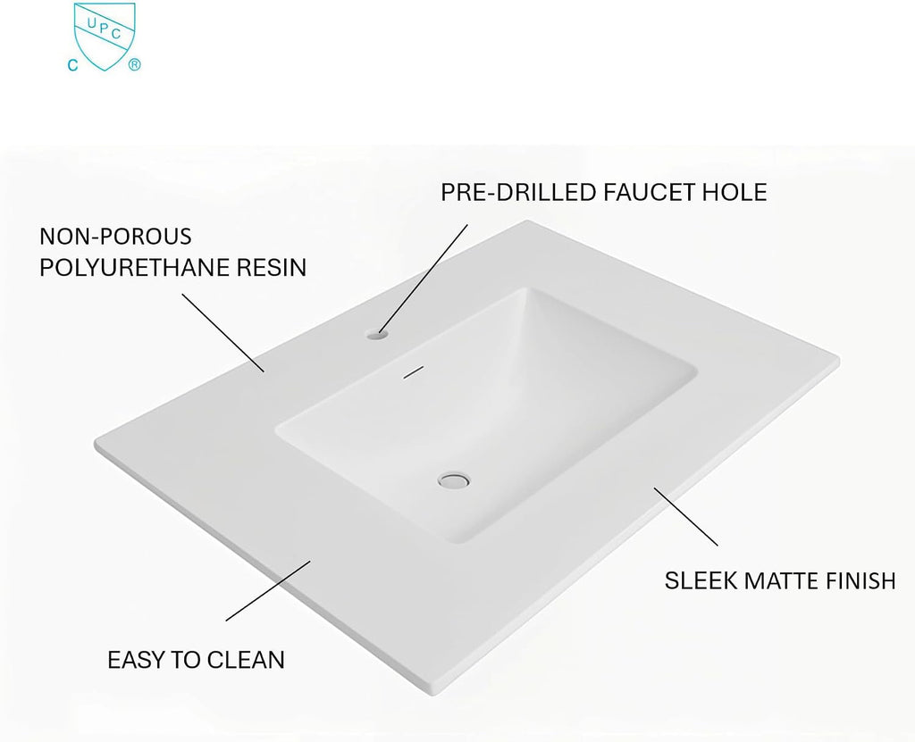 31' W x 22' D Solid Surface Polyurethane Resin Streamline Vanity Top with Sink, Durable, Consistent Color, Easy-to-Clean, Built-in Overflow (Solid Surface Resin Vanity Top)