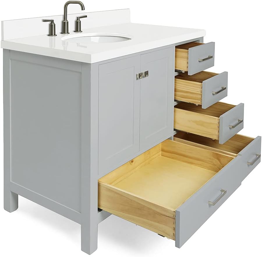 ARIEL Cambridge 42-inch Bathroom Vanity with Sink,Solid Wood, 1.5-inch Pure White Quartz Countertop & Backsplash, Single Oval Porcelain Sink, 2 Soft Closing Doors, 5 Dovetail Drawers, Grey