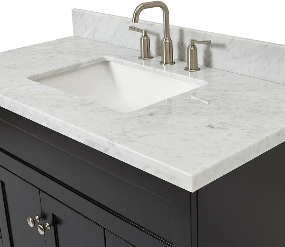 ARIEL 42' White Bathroom Vanity with Sink, 1.5' Edge Italian Carrara Marble Countertop, Rectangular Sink, 2 Soft Closing Doors, 4 Dovetail Drawers, Brushed Nickel
