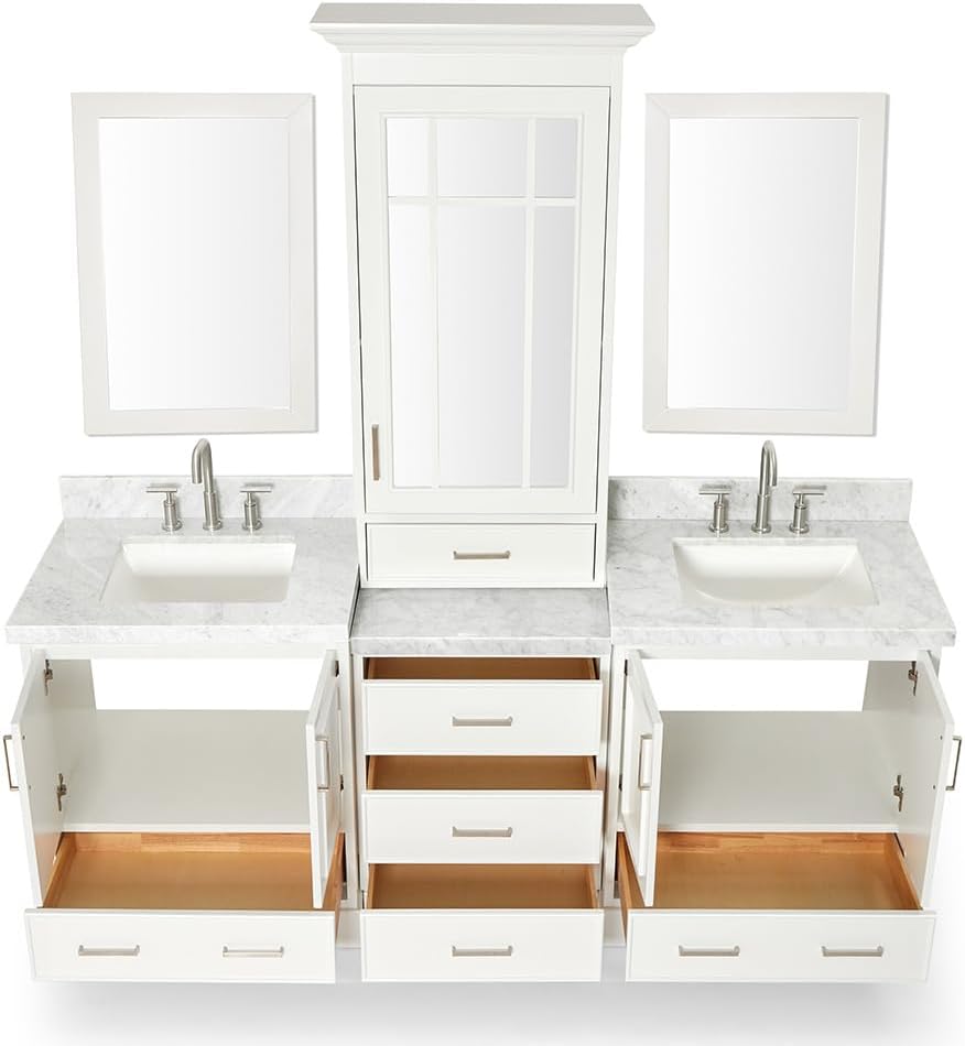 ARIEL Stafford 84-inch Bathroom Vanity with Sink,Solid Wood, 1.5-inch Italian Carrara Marble Countertop, Double Rectangular Porcelain Sink, 5 Soft Closing Doors, 6 Dovetail Drawers, White