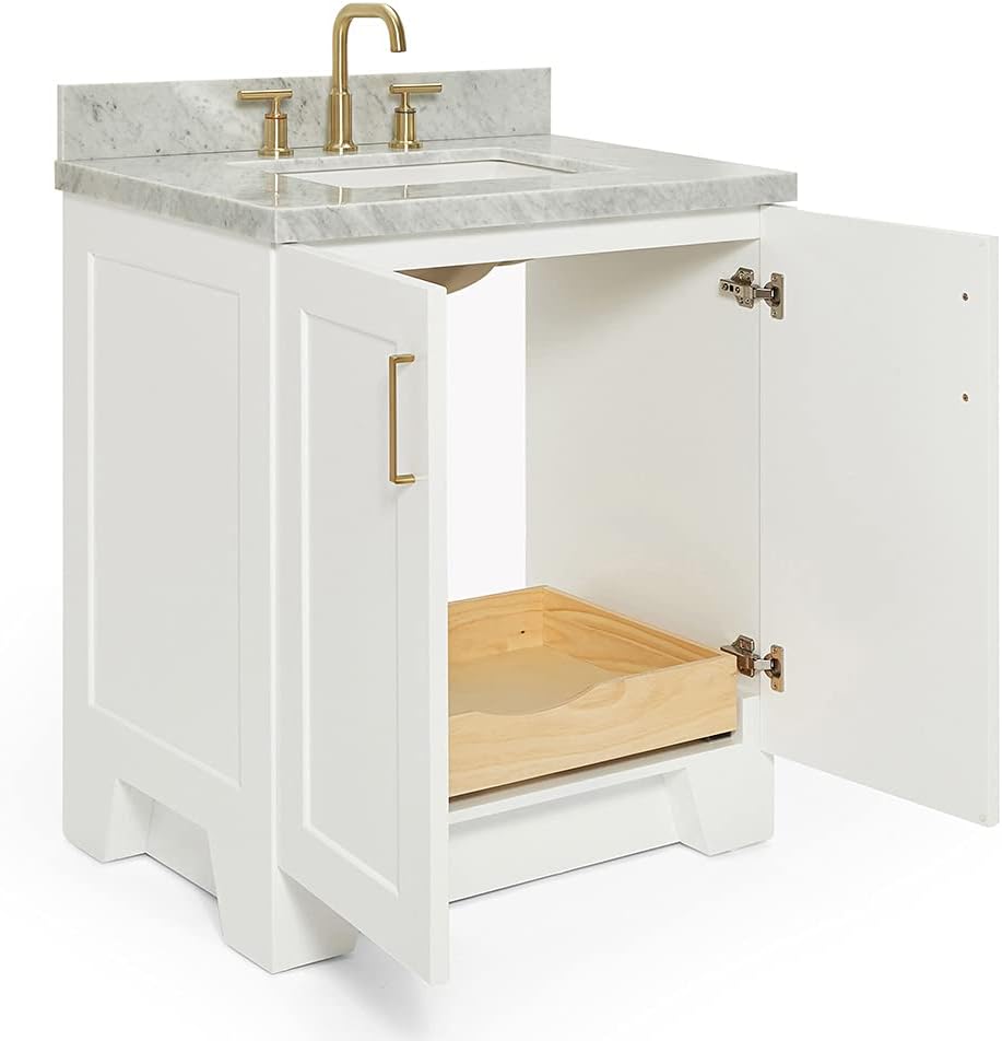 ARIEL Taylor 30-inch Bathroom Vanity with Sink,Solid Wood, 1.5-inch Italian Carrara Marble Countertop, Single Rectangular Porcelain Sink, 2 Soft Closing Doors, 1 Dovetail Drawers, White