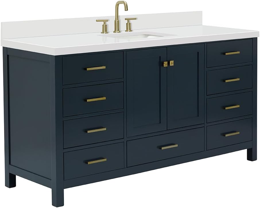 ARIEL Cambridge 66-inch Bathroom Vanity with Sink,Solid Wood, 1.5-inch Pure White Quartz Countertop, Single Rectangular Porcelain Sink, 2 Soft Closing Doors, 9 Dovetail Drawers, Midnight Blue