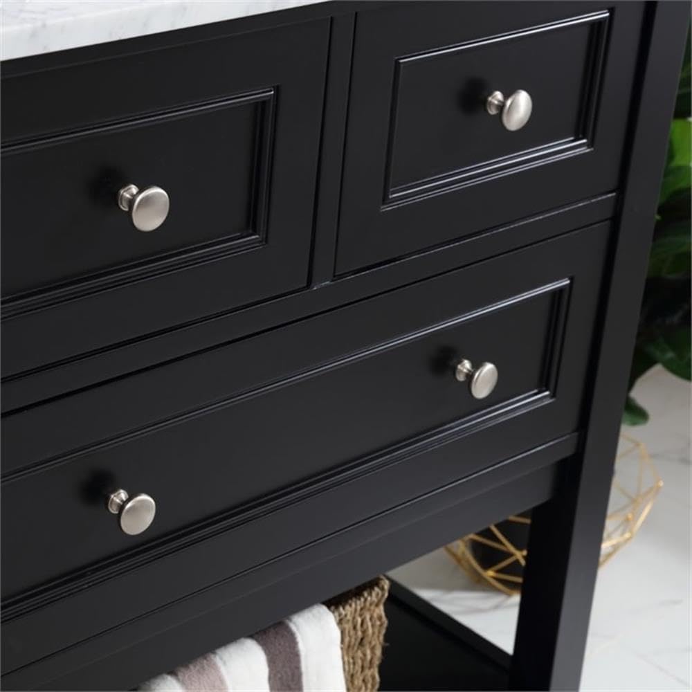 Pemberly Row 30' Single Bathroom Vanity, Marble Top, Black Finish, Solid Poplar Wood Base, White Porcelain Undermount Sink, Soft Close Drawer, Open Shelf, Contemporary Design for Modern Bathrooms