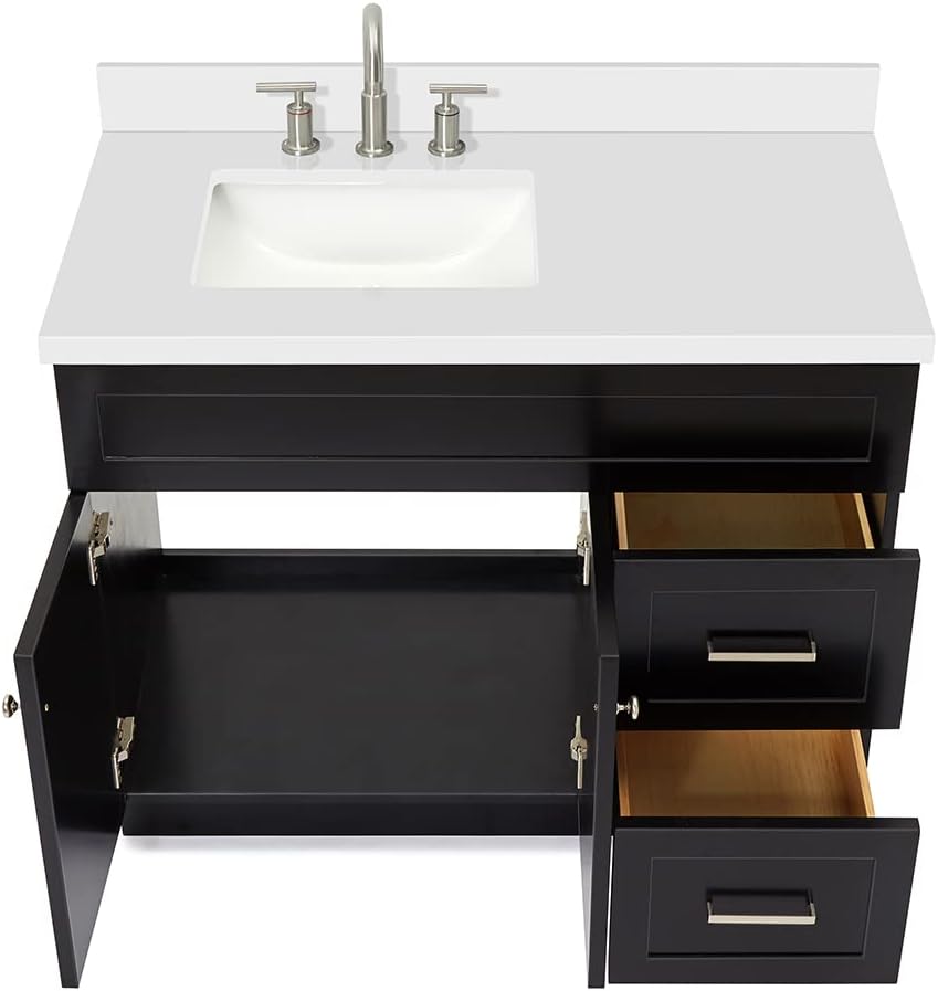 DKB Bradford 42' Black Single Bathroom Vanity with Rectangular Undermount Sink, 1.5' White Quartz Countertop, Solid Wood Frame, 2 Soft-Closing Doors, 2 Full Dovetail Drawers, Brushed Nickel