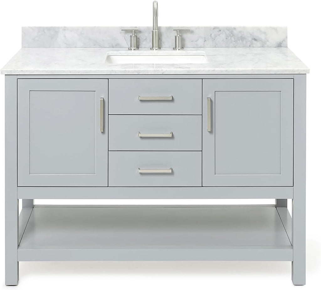 ARIEL Bayhill 48-inch Bathroom Vanity with Sink,Solid Wood, 0.75-inch Italian Carrara Marble Countertop, Single Rectangular Porcelain Sink, 2 Soft Closing Doors, 2 Dovetail Drawers, Grey